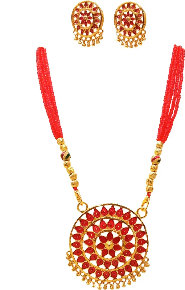 Assamese_Traditional_Gold_Plated_Red_Color_Japi_Tassel_Jewellery_Set_For_Women_&_Girl